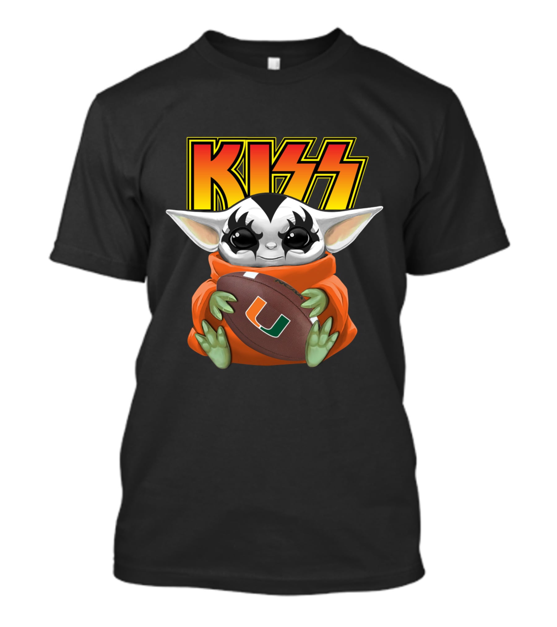 Kiss Baby Yoda Miami Hurricanes Football T-Shirt