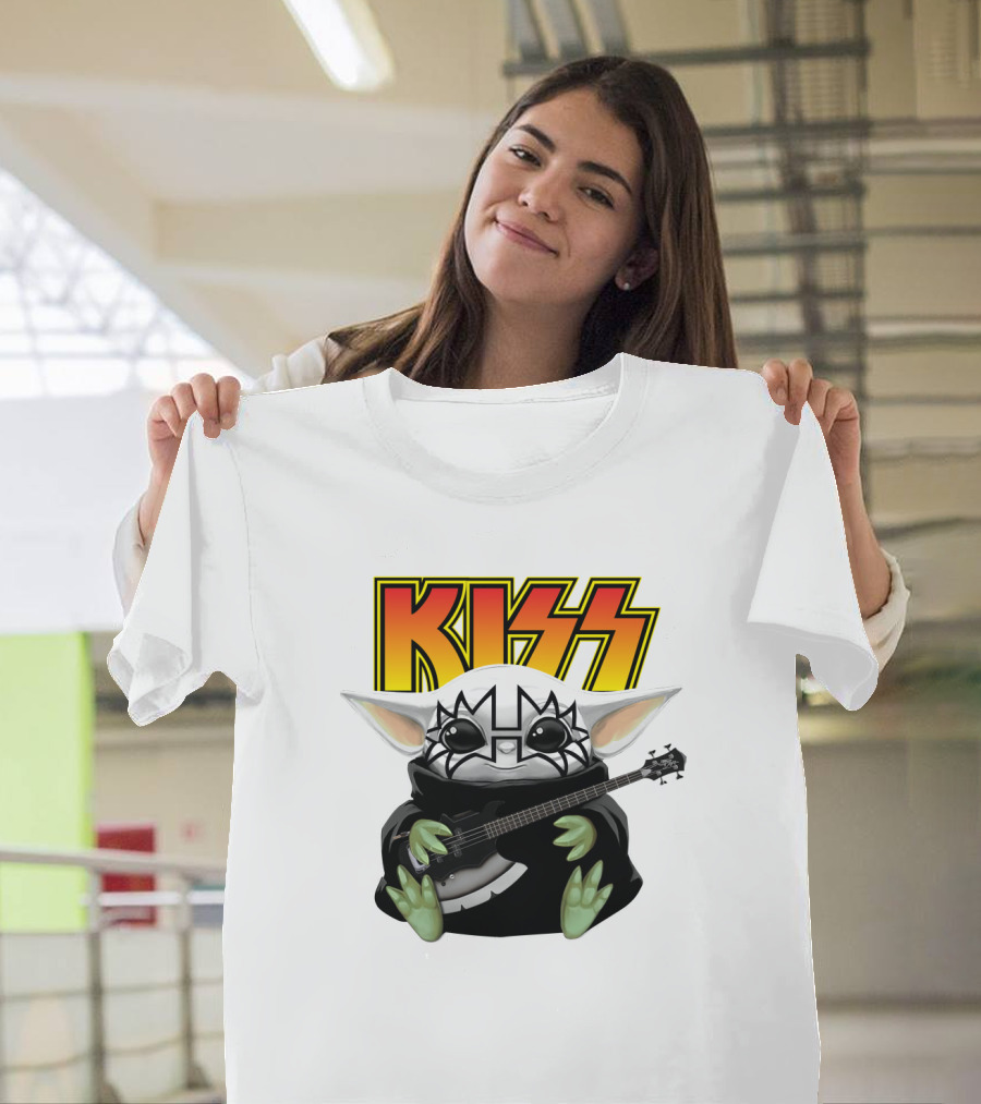 KISS Baby Yoda with Guitar in Tommy Thayer Makeup T-Shirt