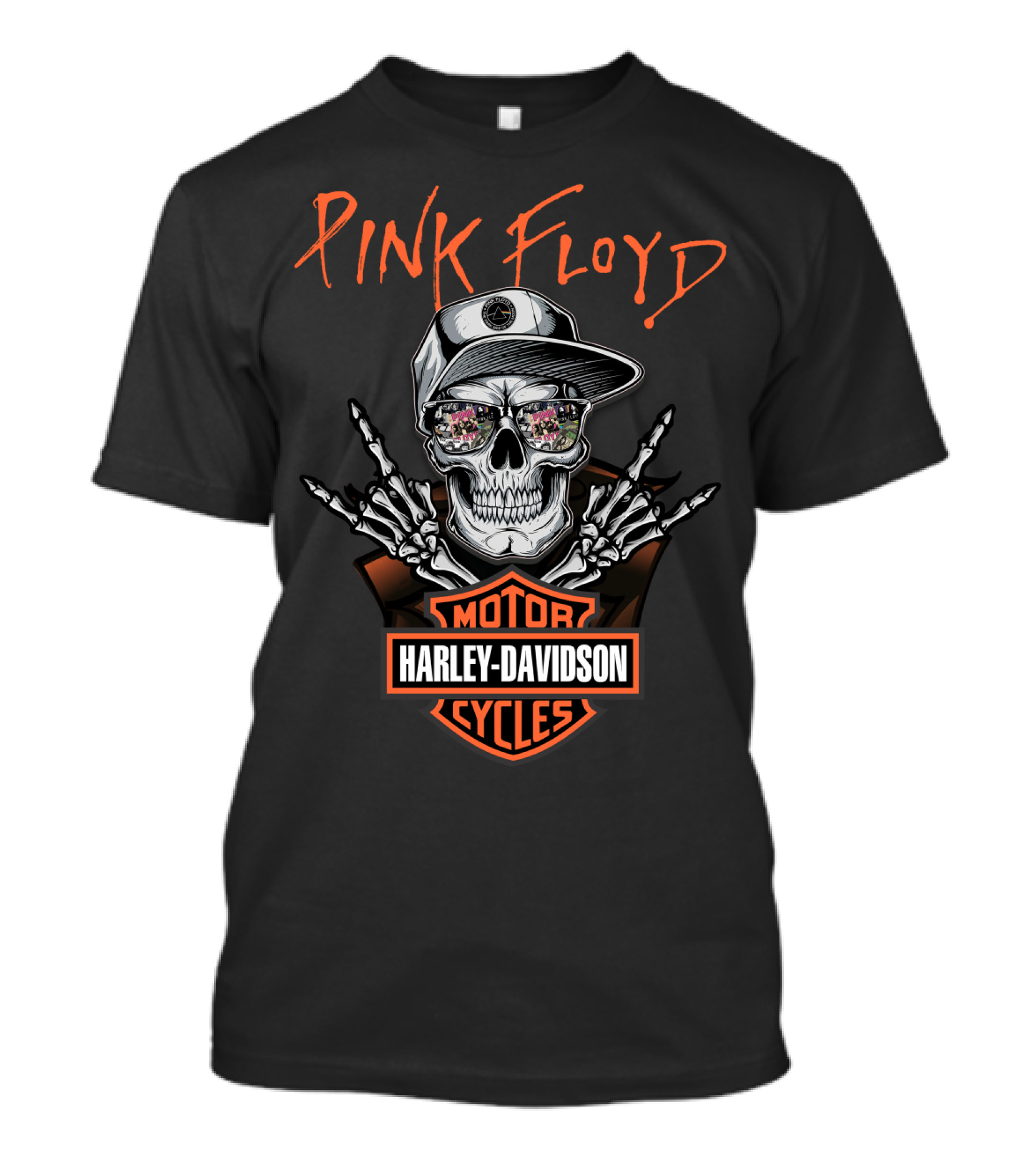 Pink Floyd Harley Davidson Skull With Cap And Skeleton Hand Motorcycles T-Shirt