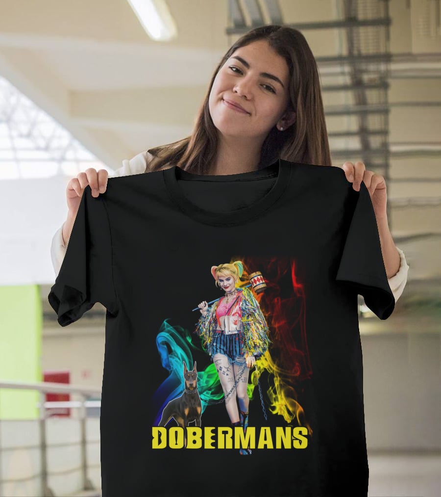 Harley Quinn Dobermans Colorful Character With Mallet And Dog T-Shirt