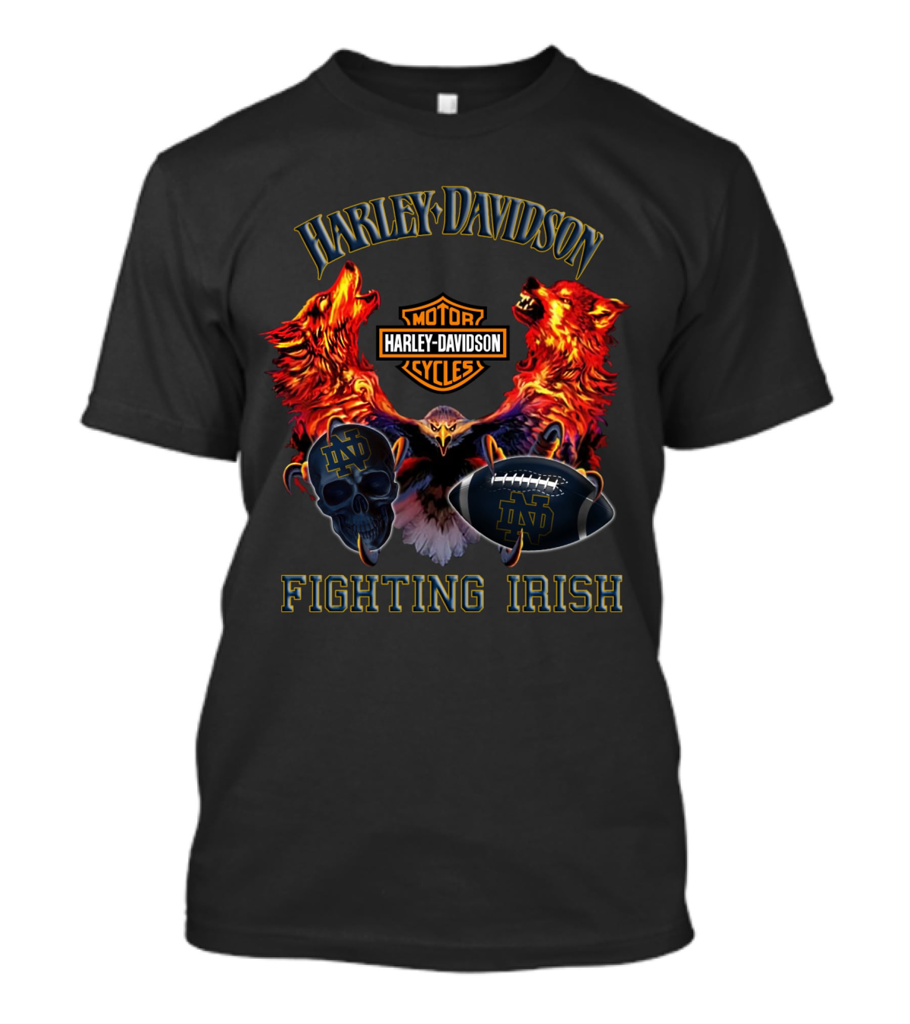 Harley Davidson Notre Dame Fighting Irish Football And Motorcycle Skulls With Eagles And Wolves T-Shirt