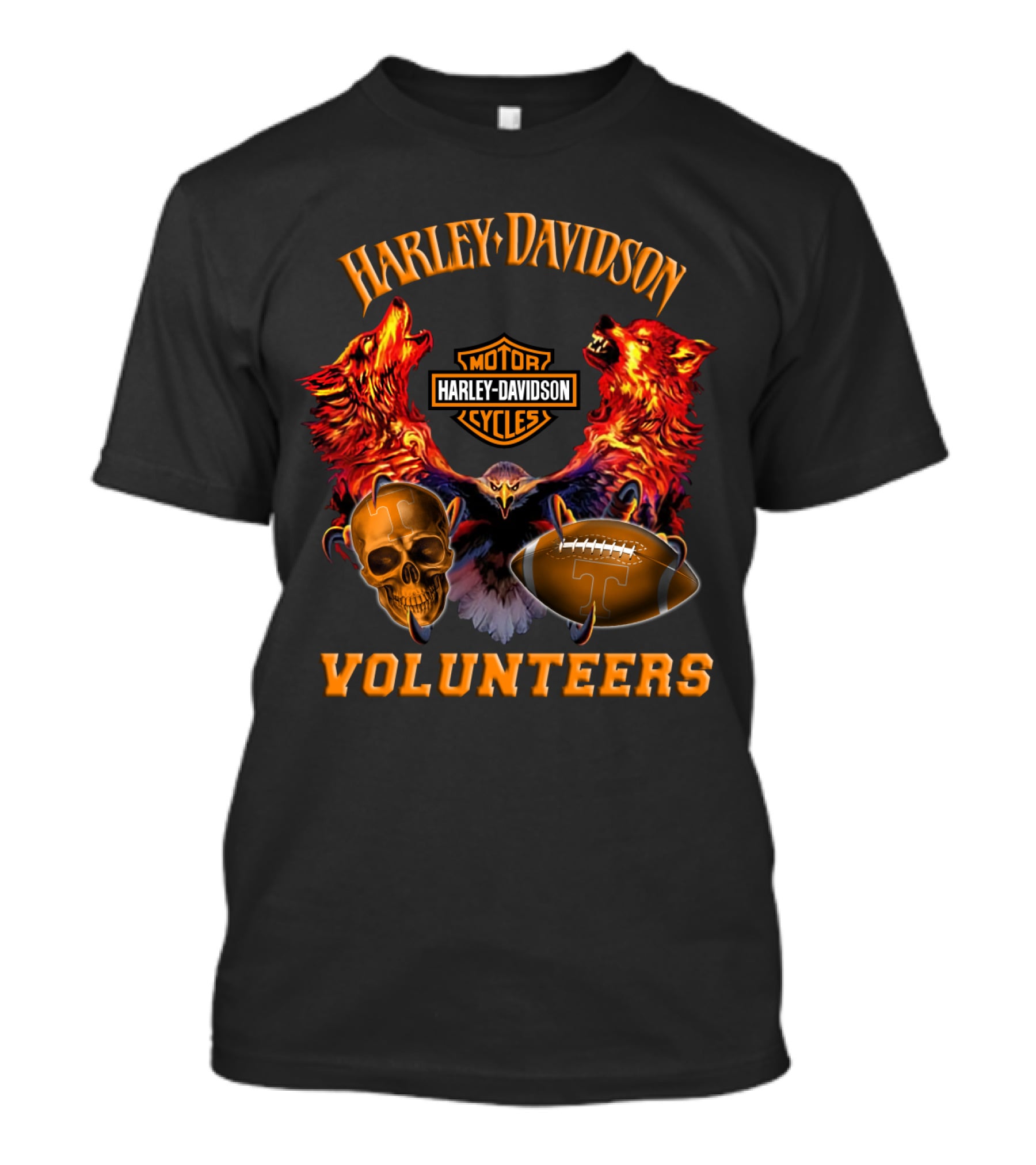 Harley Davidson Motor Cycles Tennessee Volunteers Wolves Skull Football T-Shirt