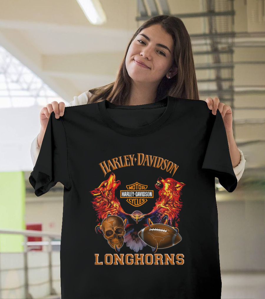 Harley Davidson Longhorns Texas Football Wolves Skull And Motorcycle T-Shirt