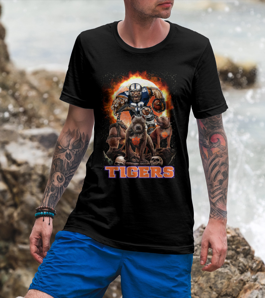 Tigers Football Warrior With Dogs And Skulls In Front Of Fiery T-Shirt