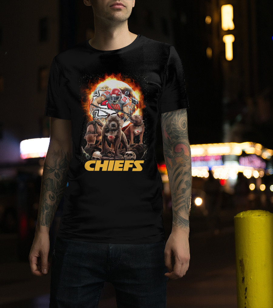 Chiefs Football Player With Dogs And Fiery T-Shirt