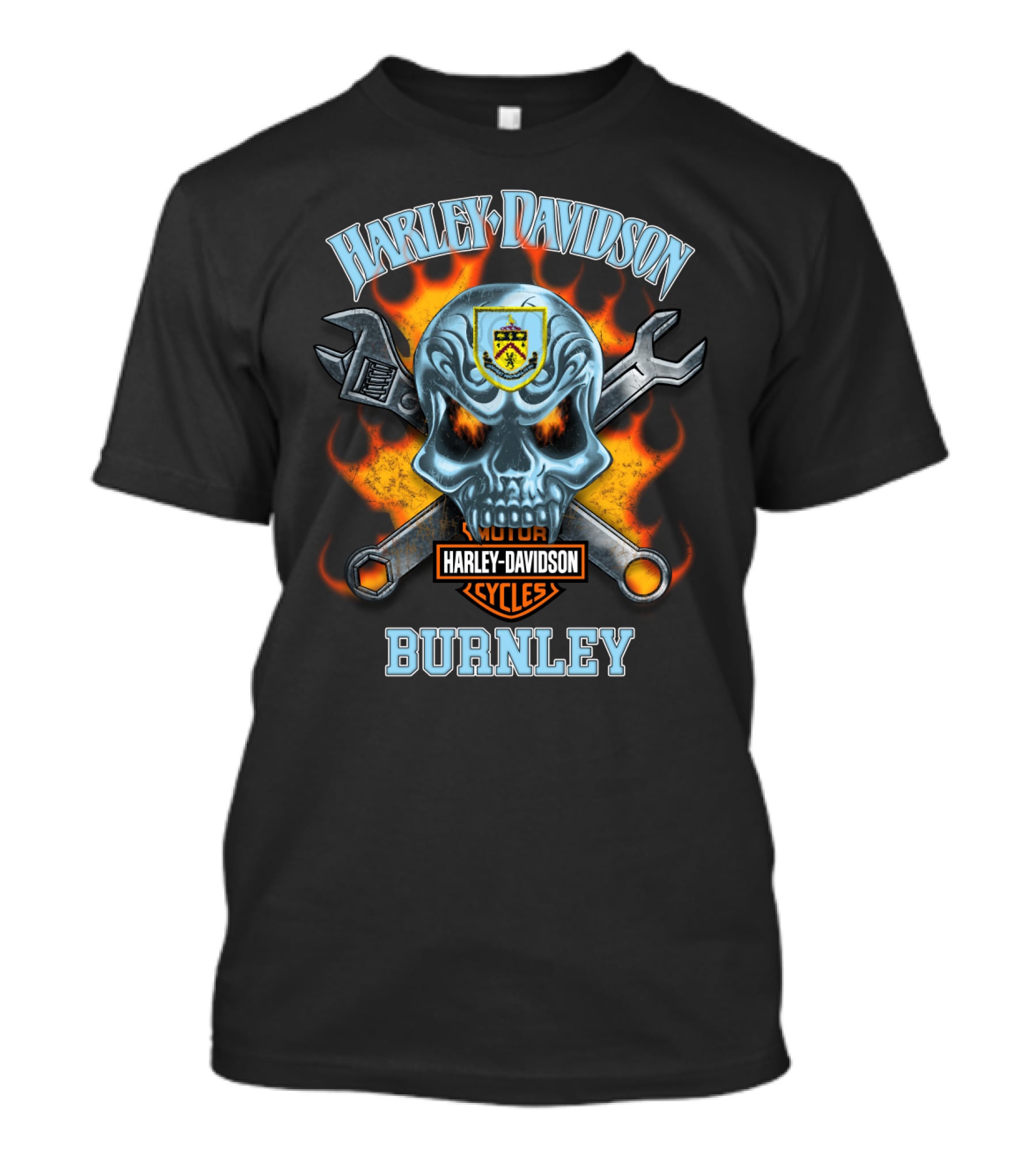 Harley Davidson Motor Cycles Burnley Skull And Tools Flames T-Shirt