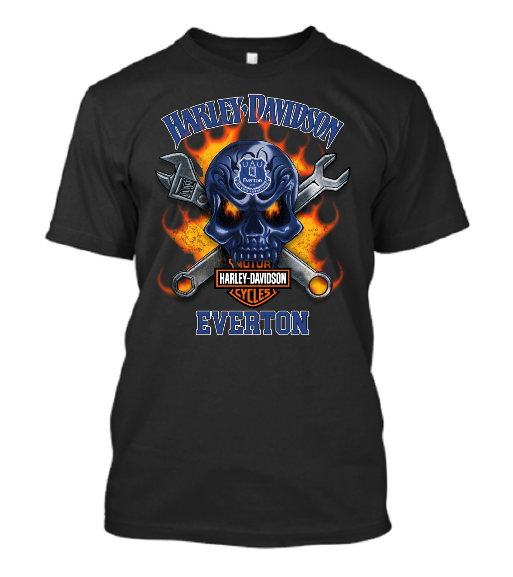 Harley Davidson Motor Cycles Everton Flaming Skull Cross Wrenches T-Shirt