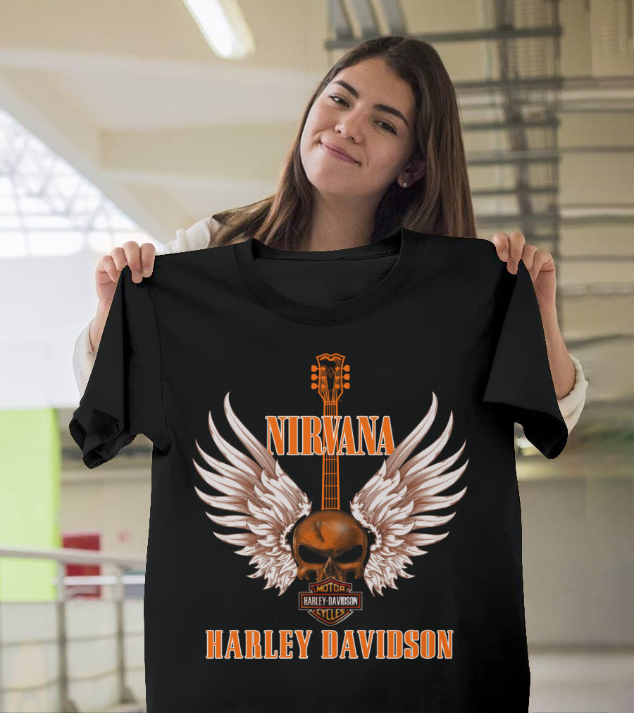 Nirvana Harley Davidson Skull Wing Guitar T-Shirt