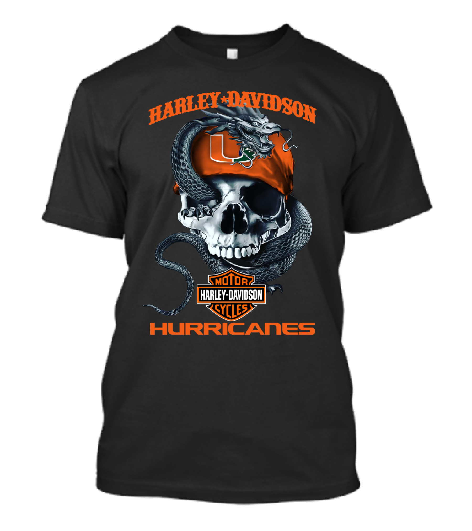 Harley Davidson Miami Hurricanes Skull With Snake And U T-Shirt