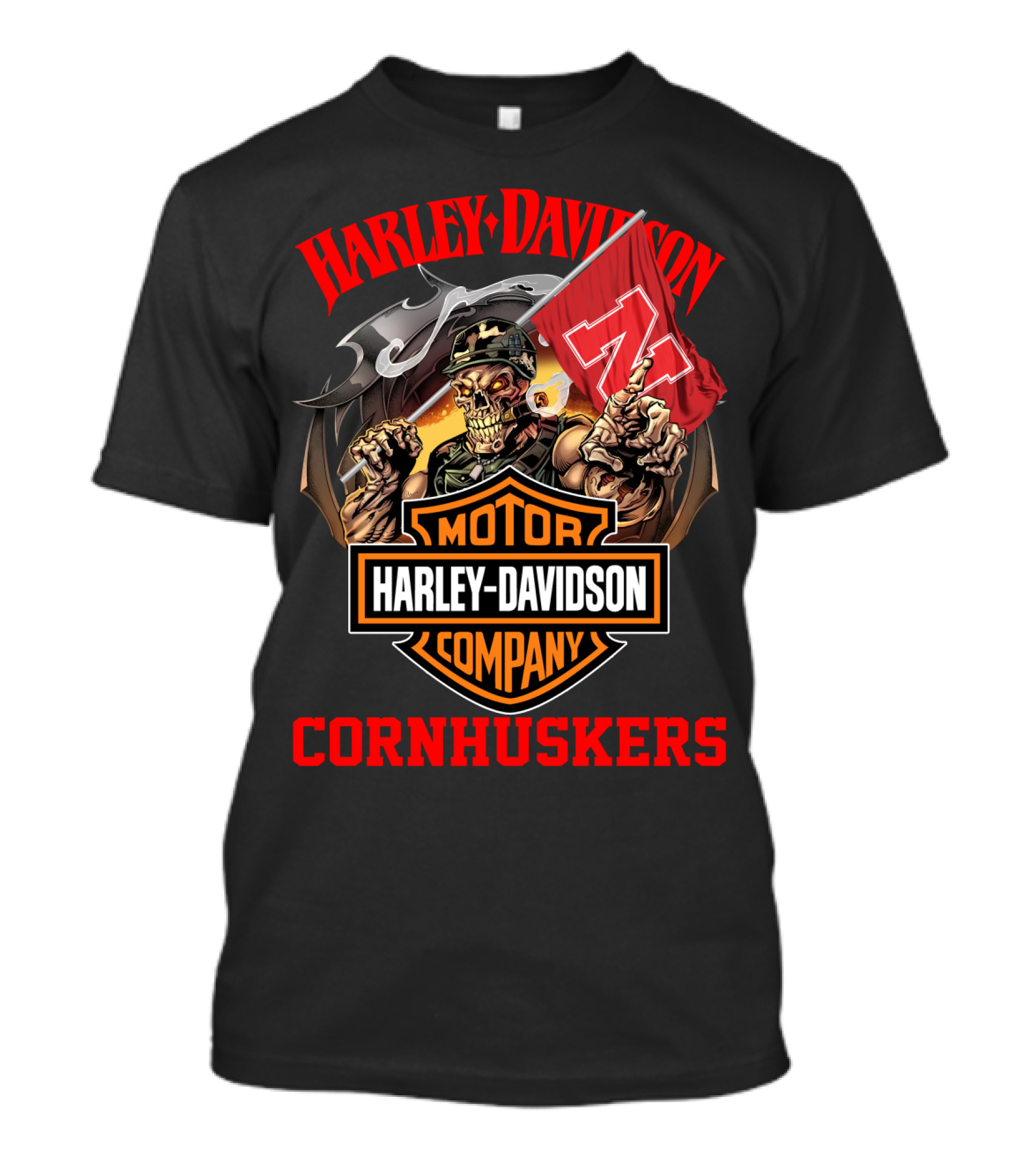 Harley Davidson Company Cornhuskers Skeleton With Nebraska Flag T-Shirt