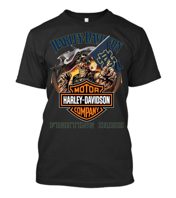Harley Davidson Motor Company Fighting Irish Skeleton Notre Dame Flag T-Shirt