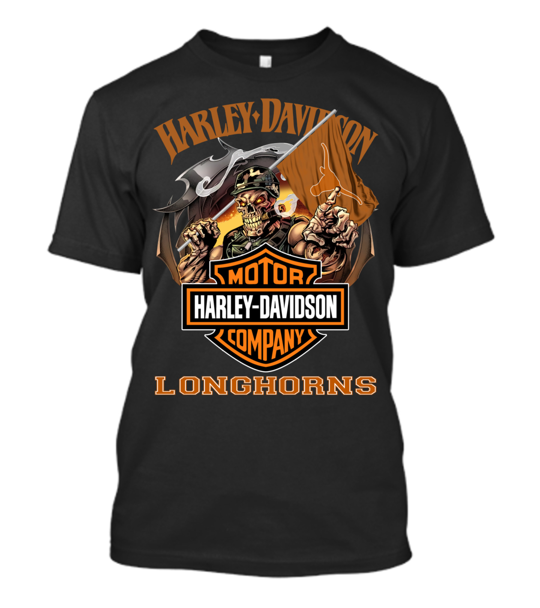 Harley Davidson Motor Company Longhorns Texas Skeleton Flag T-Shirt