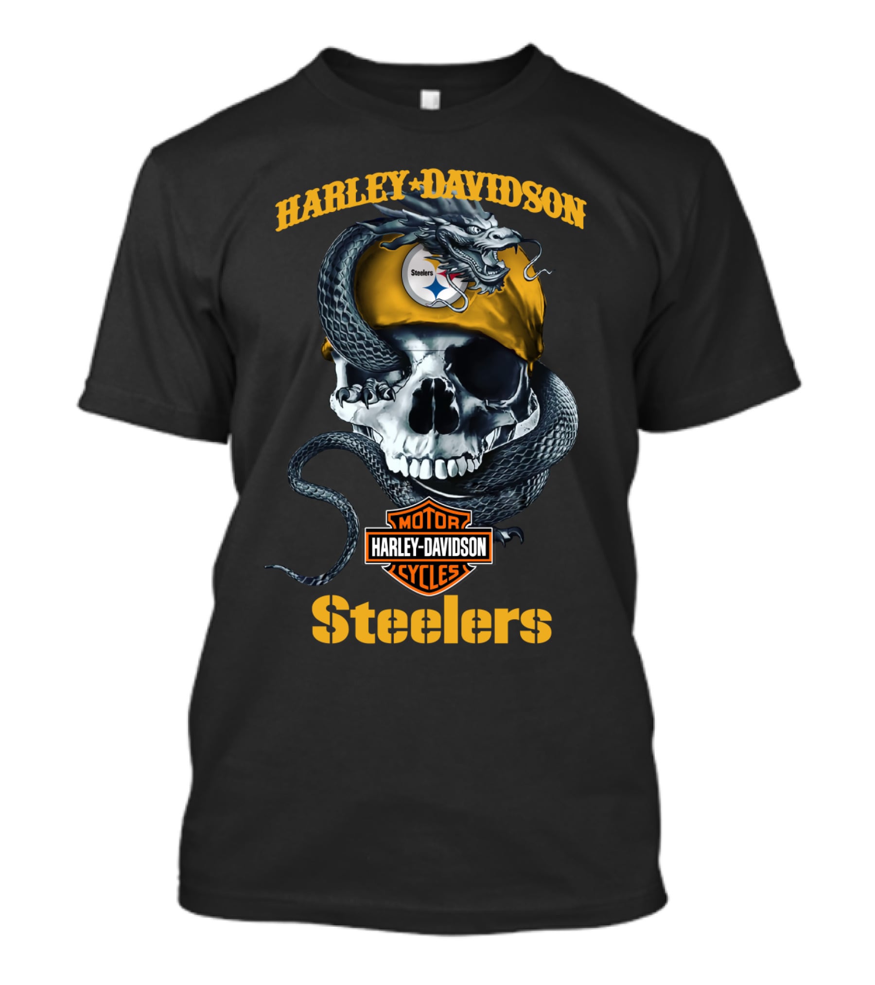 Harley Davidson Steelers Skull With Snake And Helmet T-Shirt