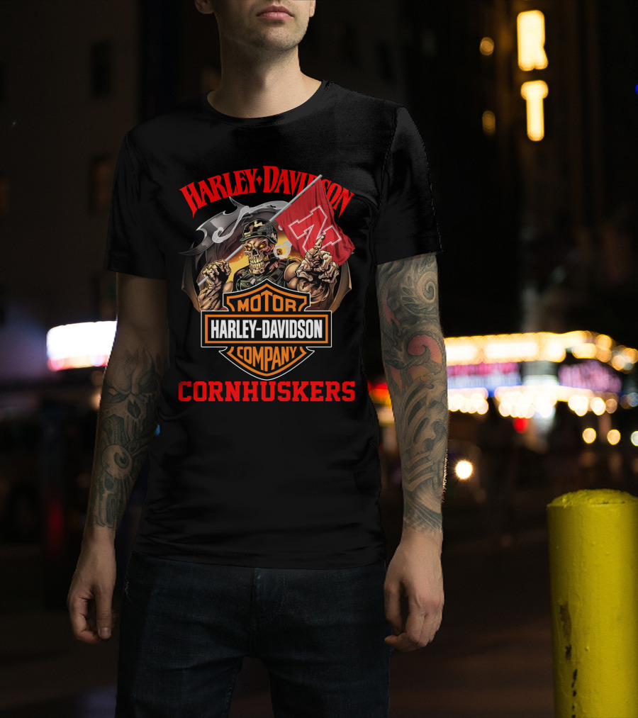 Harley Davidson Motor Company Cornhuskers Nebraska Skeleton Flag T-Shirt