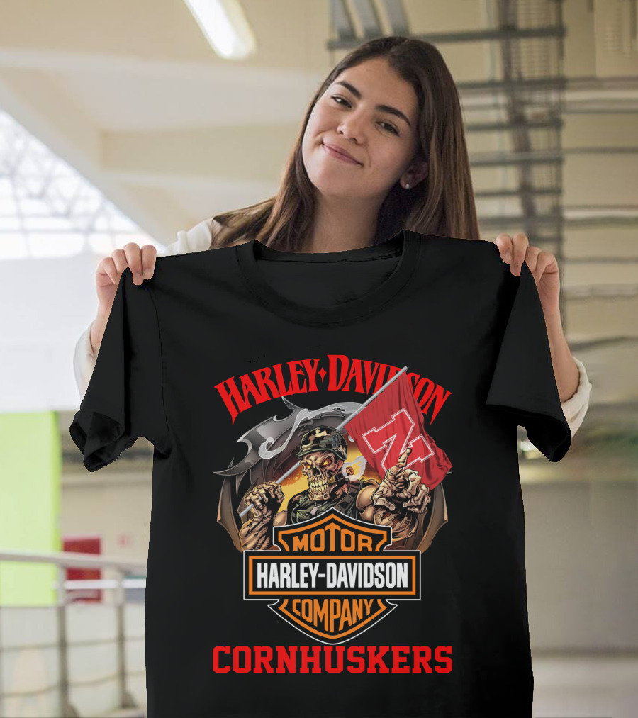 Harley Davidson Motor Company Cornhuskers Nebraska Skeleton Flag T-Shirt
