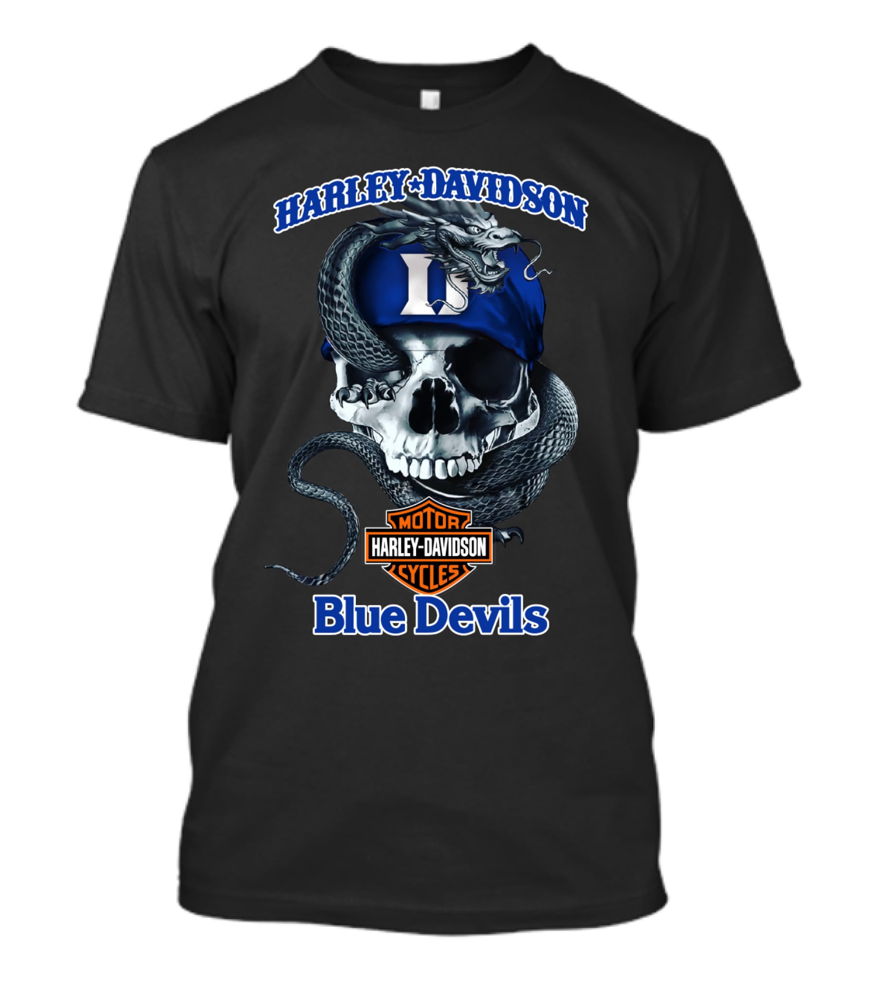 Harley Davidson Blue Devils Skull With Snake And Motor T-Shirt