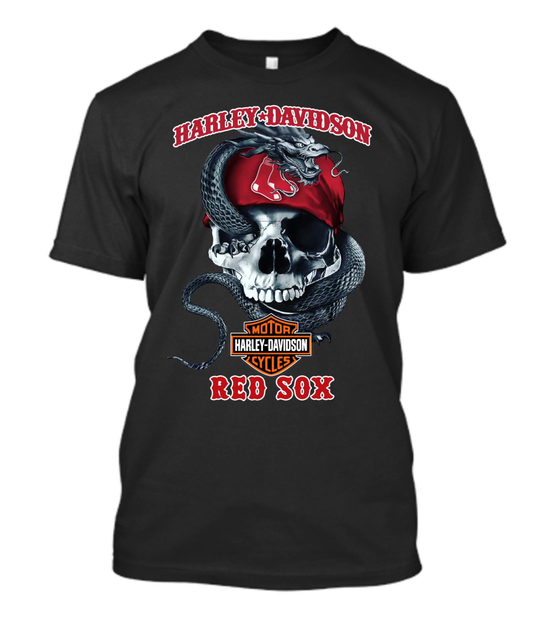 Harley Davidson Red Sox Skull With Snake And Motorcycles T-Shirt