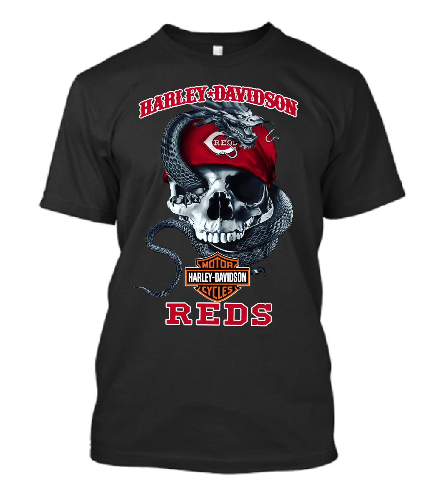 Harley Davidson Motorcycle Cycles Cincinnati Reds Skull And Snake T-Shirt