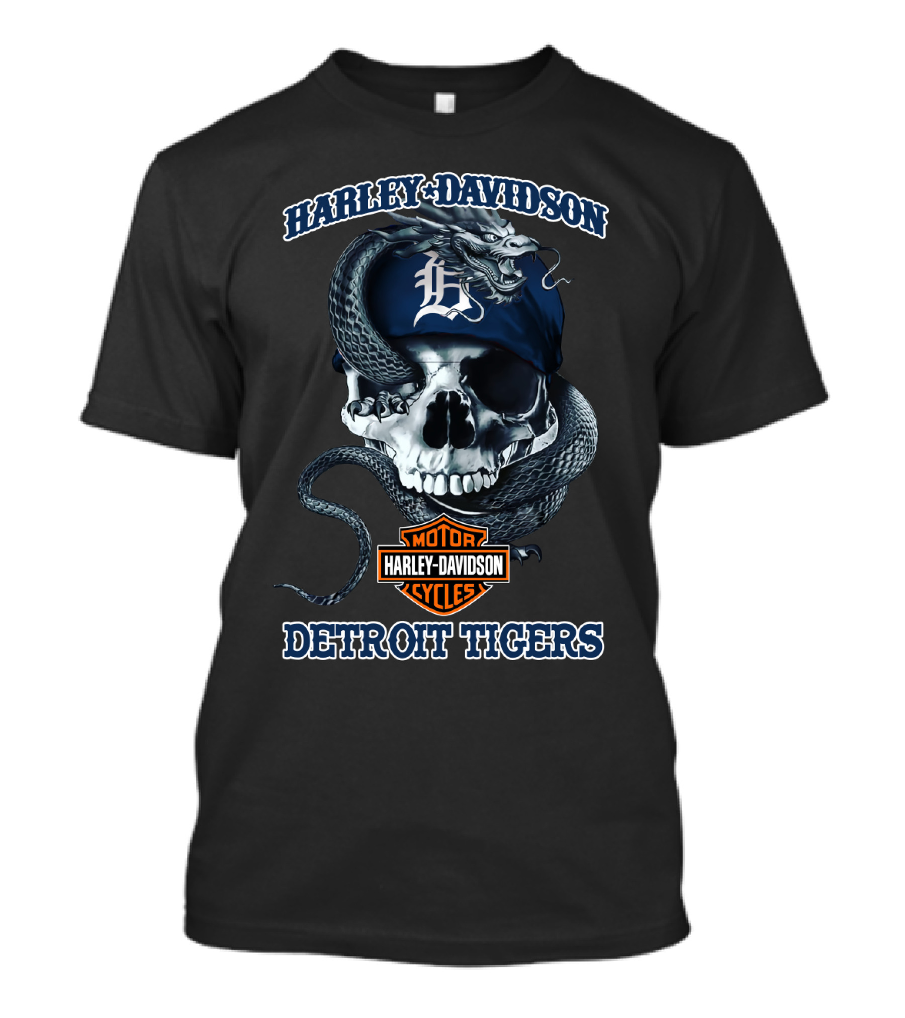 Harley Davidson Detroit Tigers Skull Snake Motocycles T-Shirt