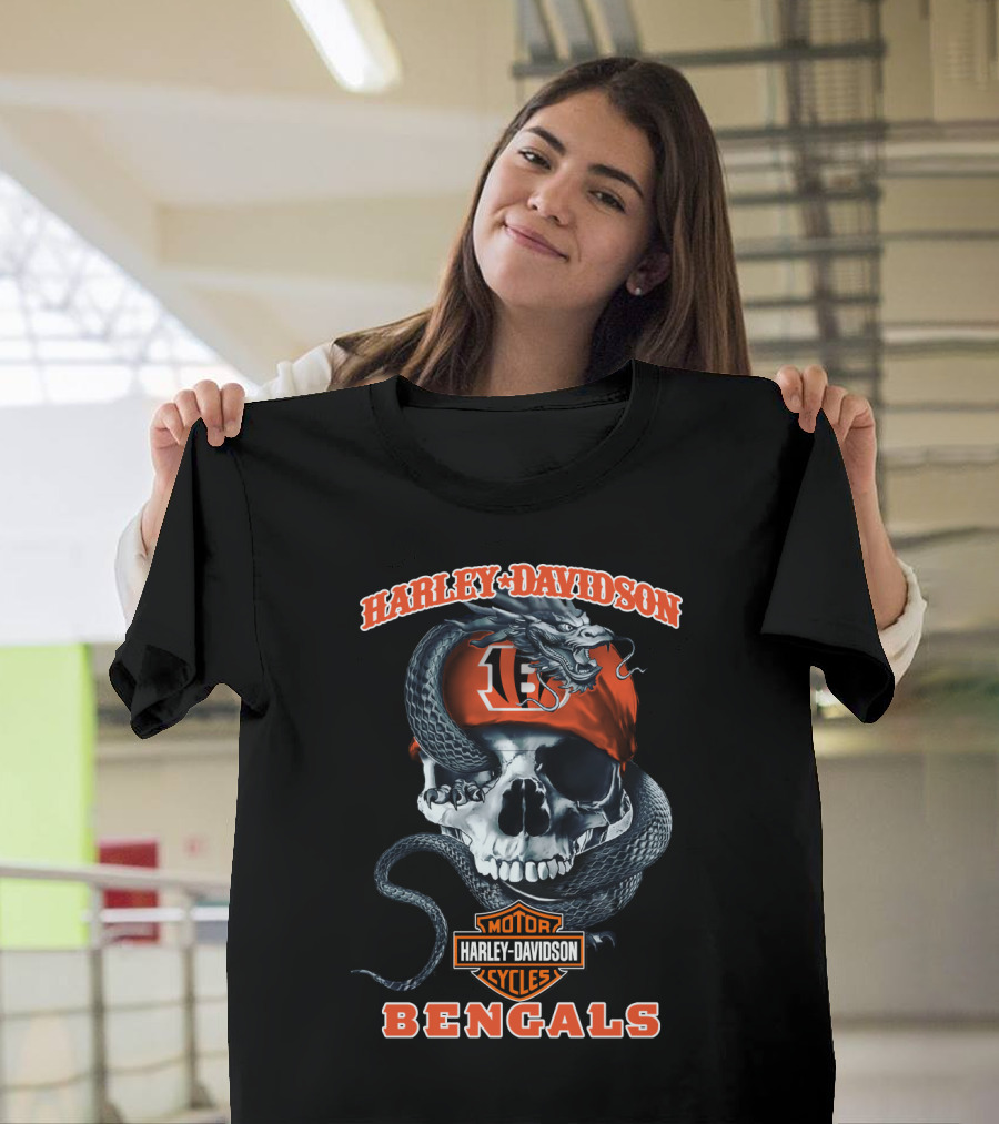 Harley Davidson Motor Cycles Bengals 13 Skull And Snake T-Shirt