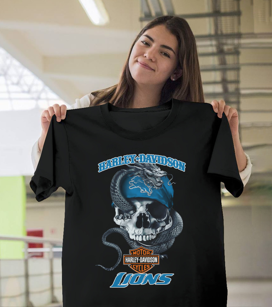 Harley Davidson Motor Cycles Detroit Lions Snake Skull T-Shirt