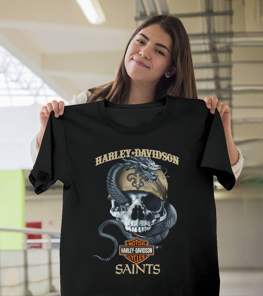 Harley Davidson Motor Cycles Skull Snake New Orleans Saints T-Shirt
