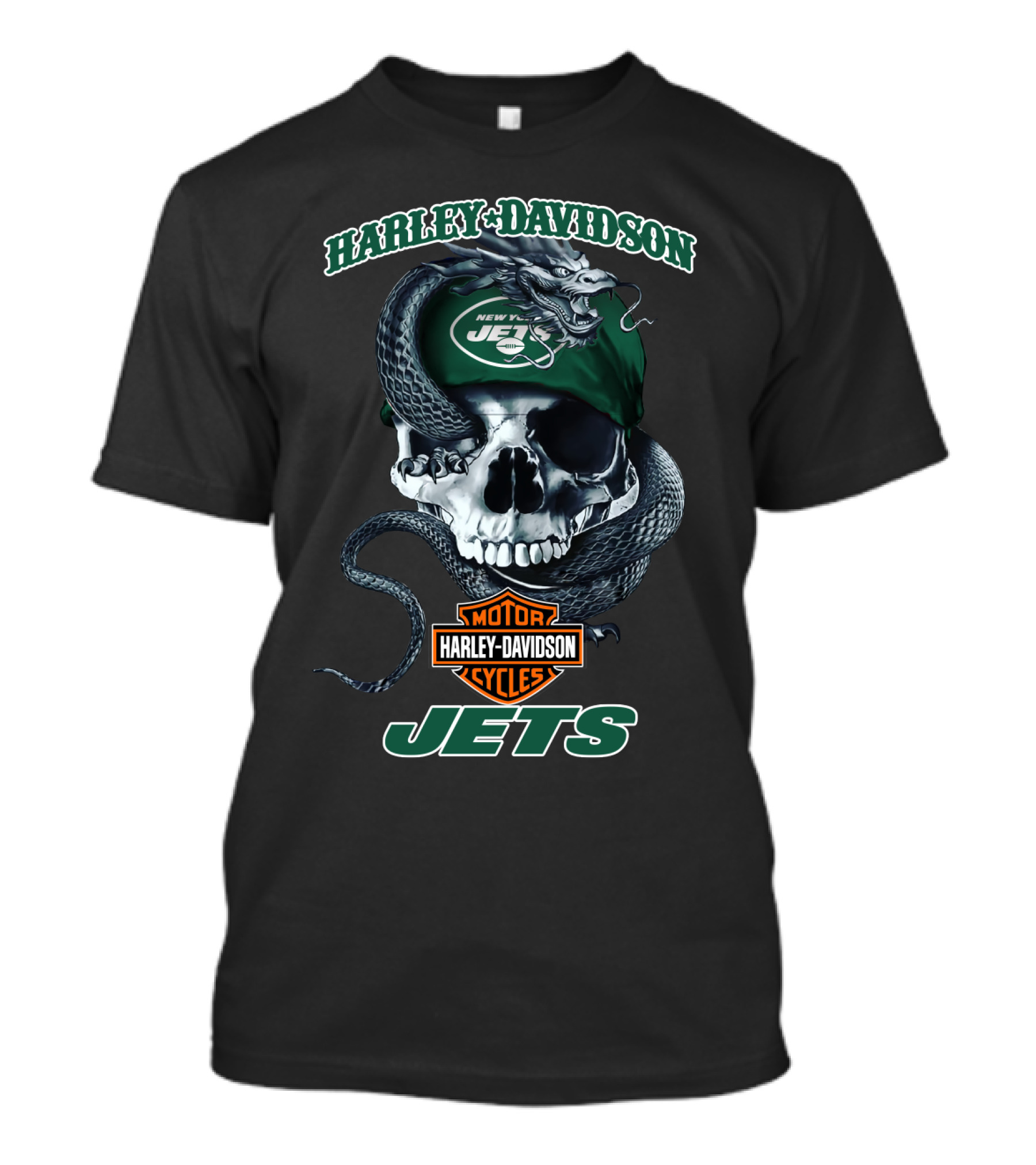 Harley Davidson New York Jets Motor Cycles Skull And Snake T-Shirt