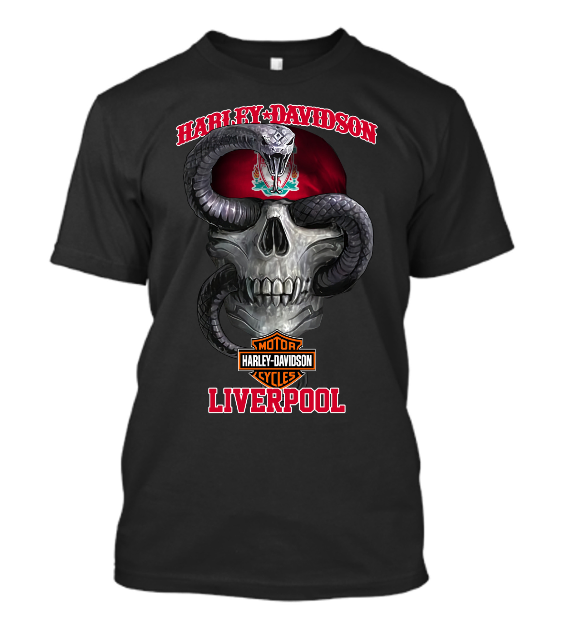 Harley Davidson Motor Cycles Liverpool Skull Serpent Crest Red T-Shirt