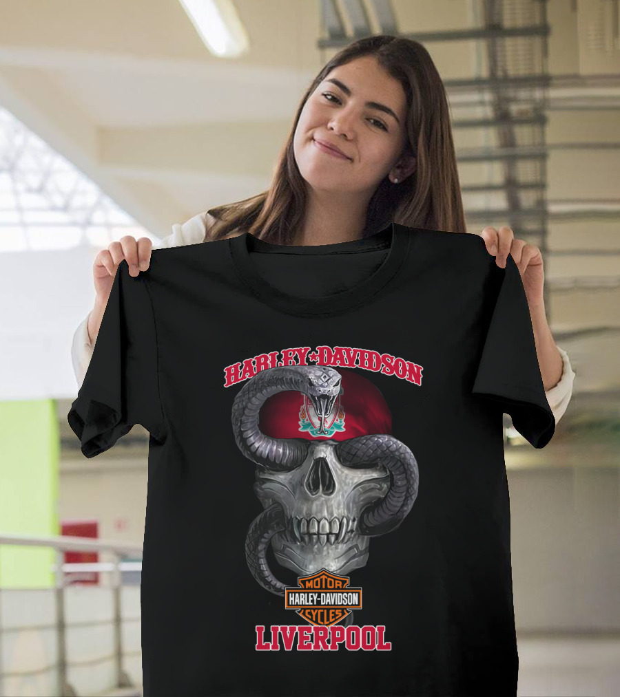Harley Davidson Motor Cycles Liverpool Skull Serpent Crest Red T-Shirt