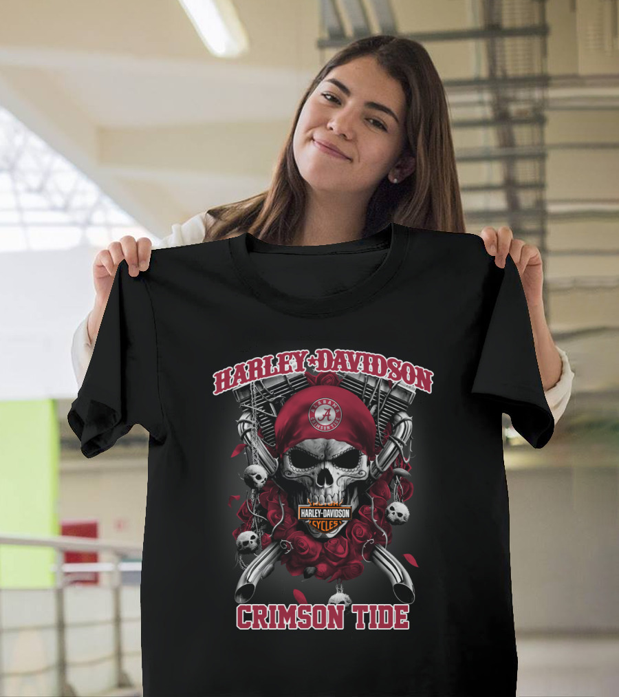Harley Davidson Alabama Crimson Tide Skull And Roses T-Shirt