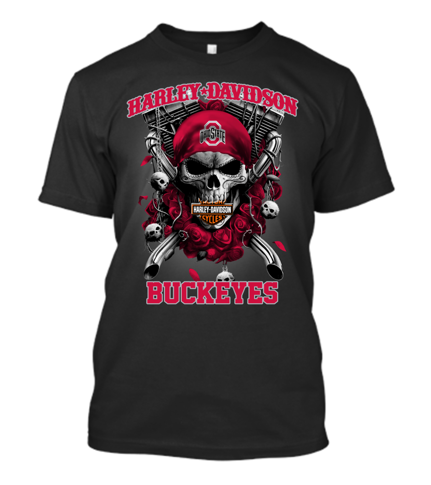 Harley Davidson Ohio State Buckeyes Skull Roses Motorcycles T-Shirt