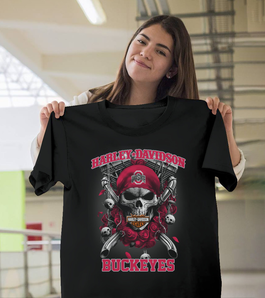 Harley Davidson Ohio State Buckeyes Skull Roses Motorcycles T-Shirt