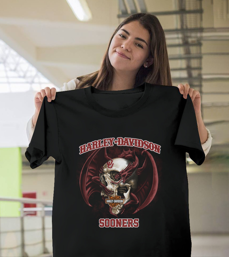 Harley Davidson Sooners Skull With Wings And Oklahoma T-Shirt