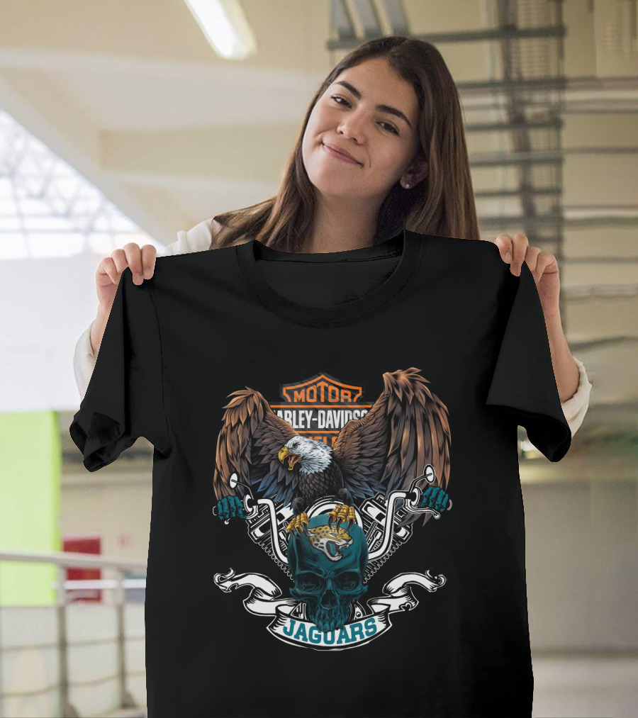 Harley Davidson Motorcycles Bald Eagle And Skull With Nfl Jacksonville Jaguars T-Shirt