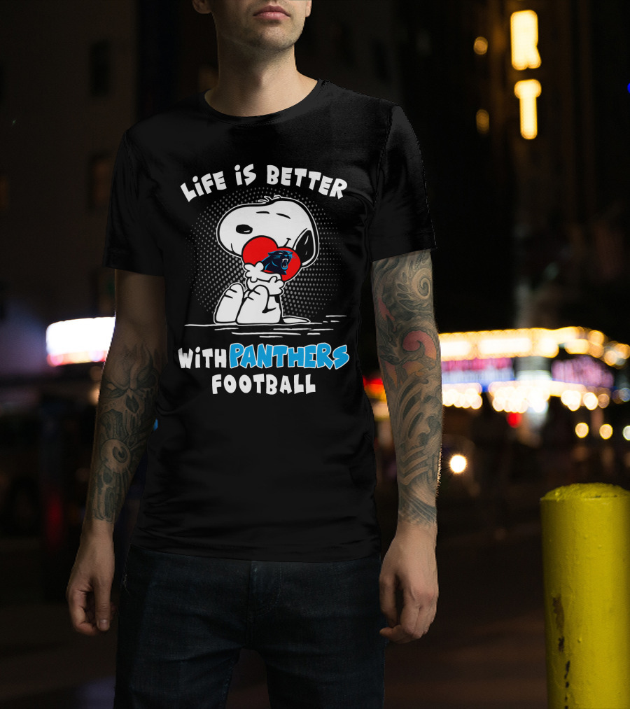 Life Is Better With Panthers Football Snoopy Hugging Heart T-Shirt
