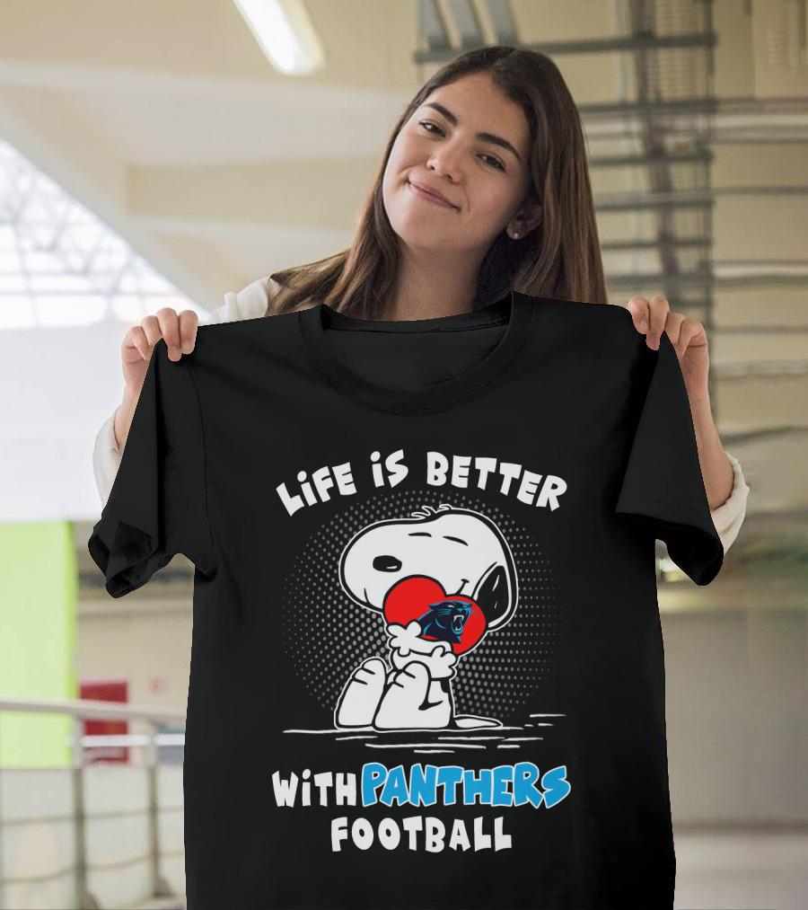 Life is Better with Panthers Football Snoopy Hugging Heart T-Shirt