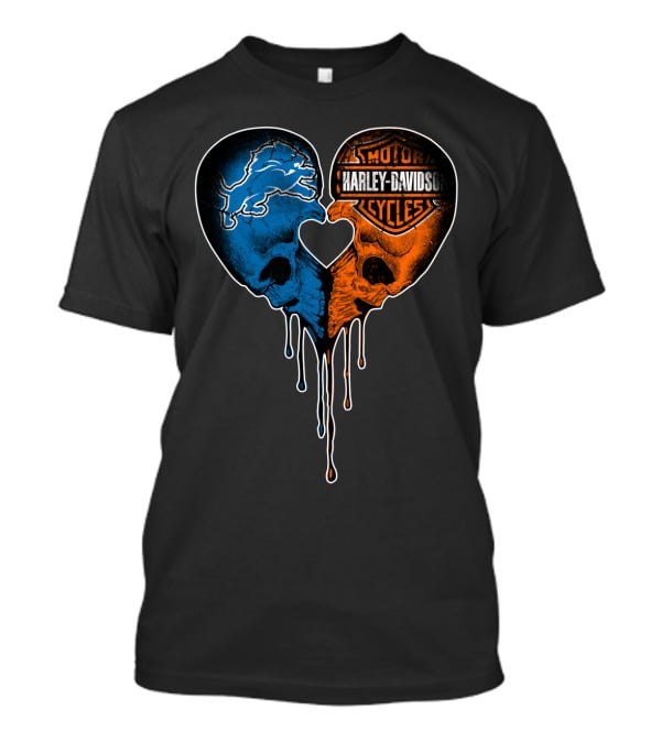 Detroit Lions And Harley Davidson Skulls Heart Fusion T-Shirt