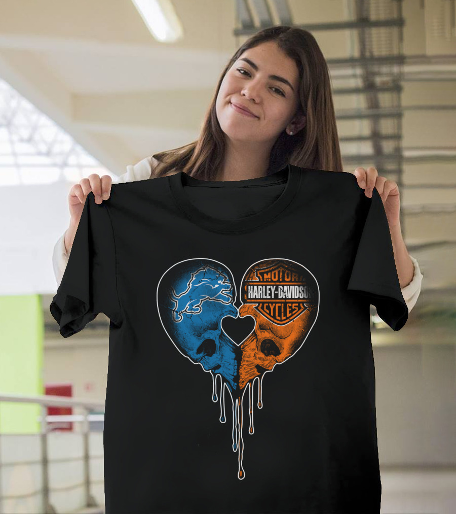 Detroit Lions And Harley Davidson Skulls Heart Fusion T-Shirt