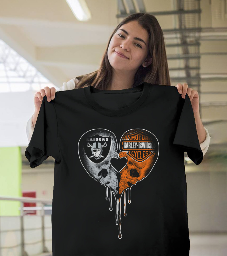 Raiders Harley Davidson Heart Skulls T-Shirt