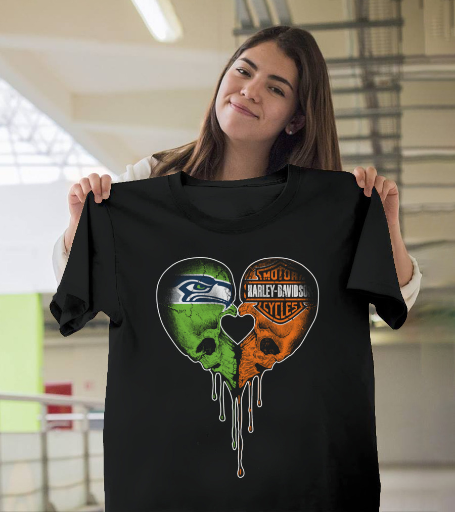 Seattle Seahawks Harley Davidson Heart Skull Drip T-Shirt
