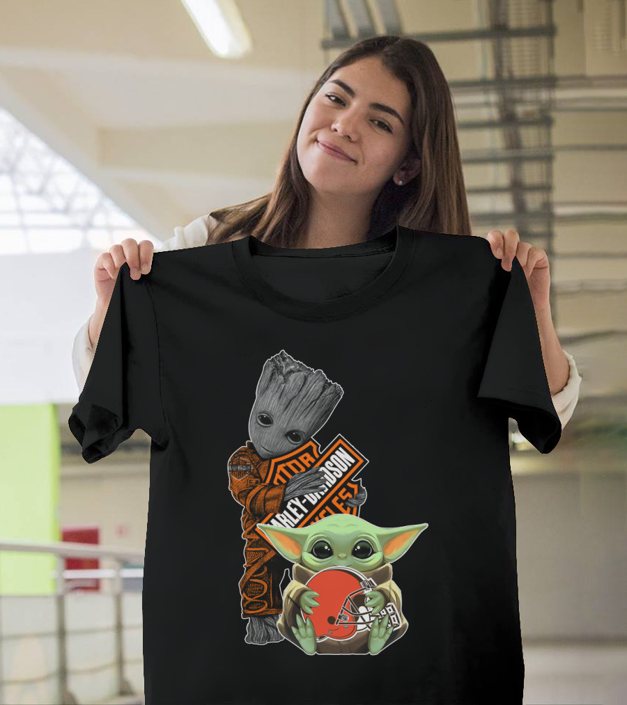 Harley Davidson Groot Baby Yoda Cleveland Browns Football T-Shirt