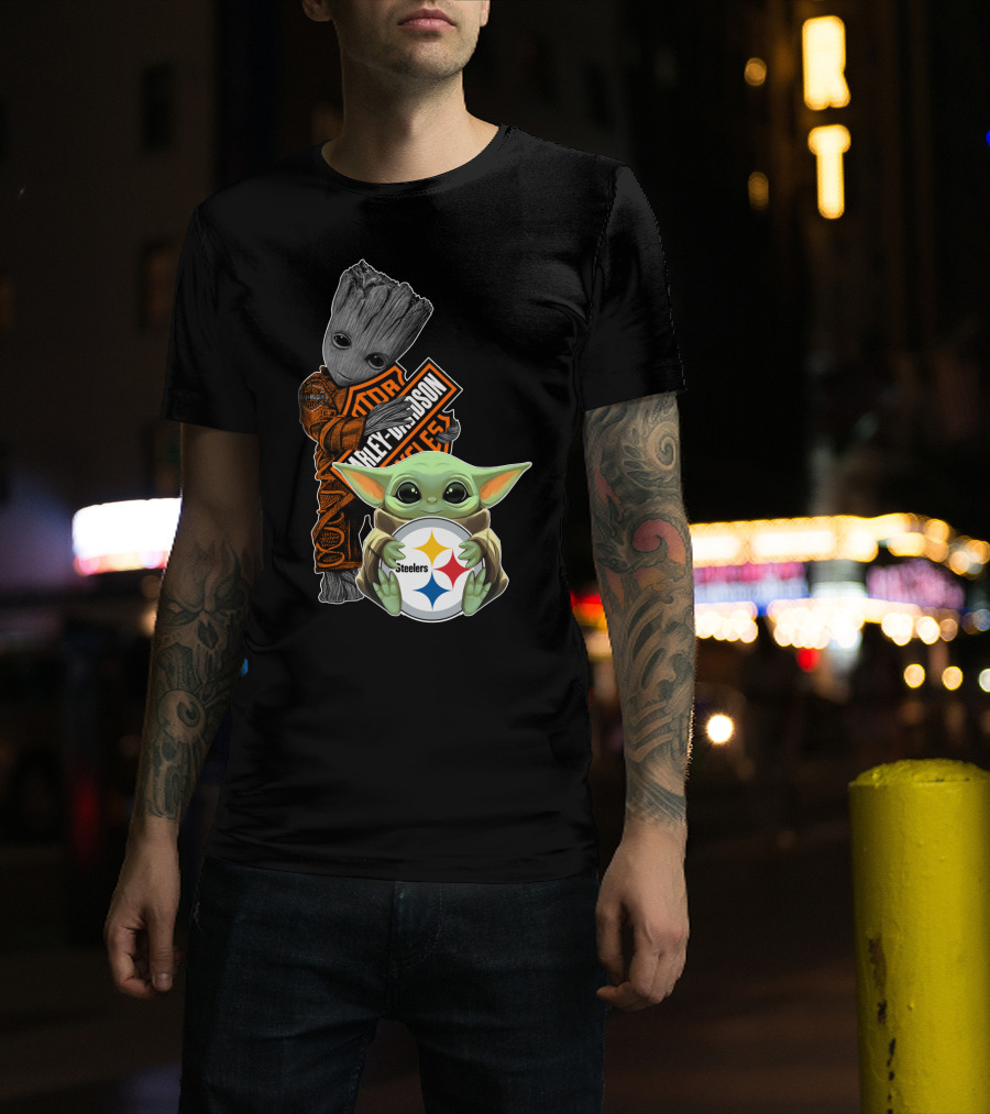 Baby Yoda And Groot Harley Davidson Steelers Crossover T-Shirt
