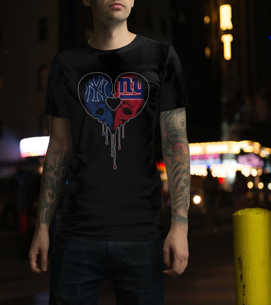 Yankees Giants Heart Skull Dripping Logos Blue Red Black T-Shirt