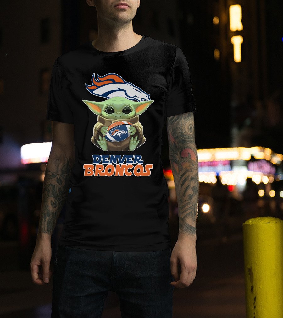 Denver Broncos Baby Yoda Football T-Shirt