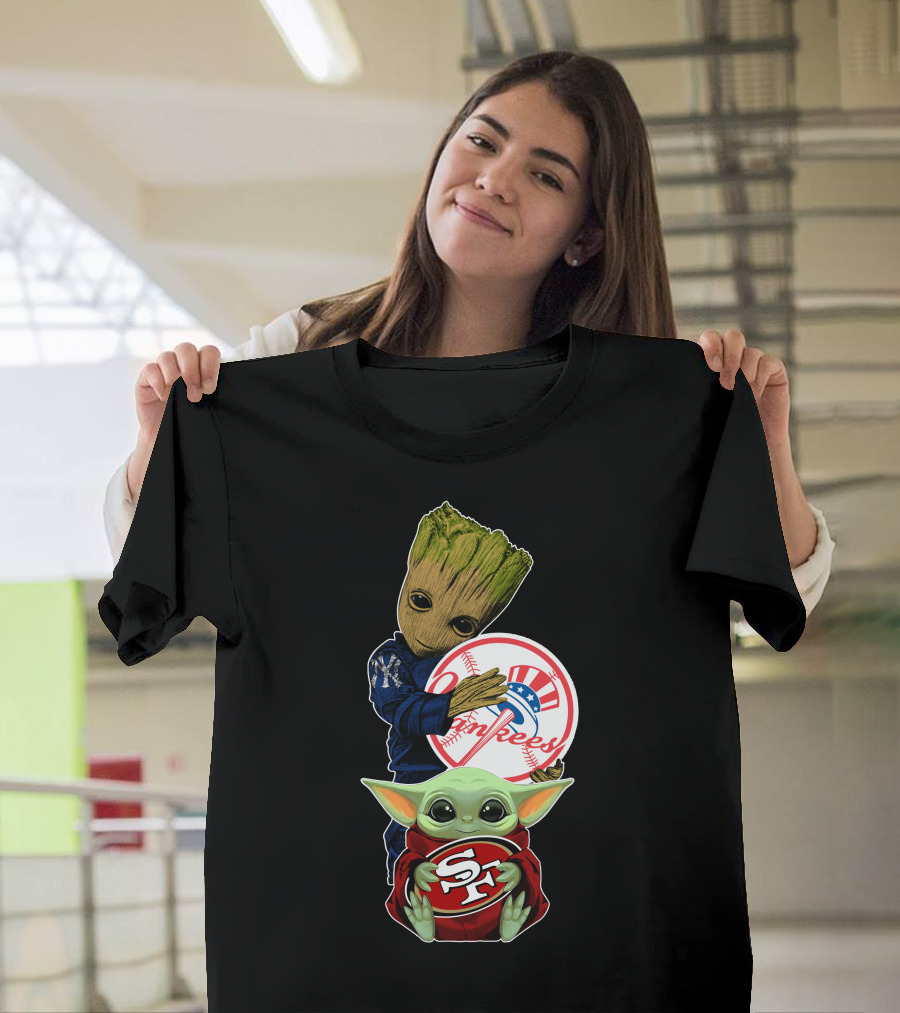 Groot Yankees Logo And Baby Yoda 49ers Sf Team Crossover T-Shirt