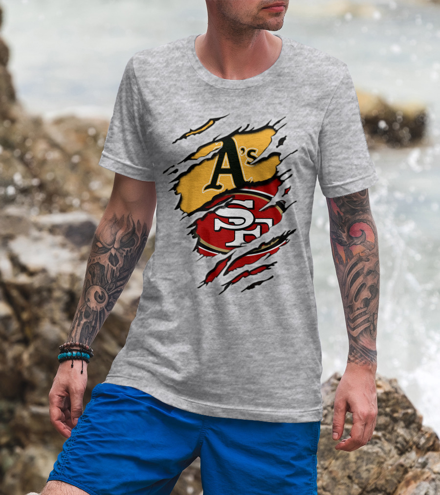 Oakland A's And San Francisco 49ers Torn Layered Logo Fusion T-Shirt