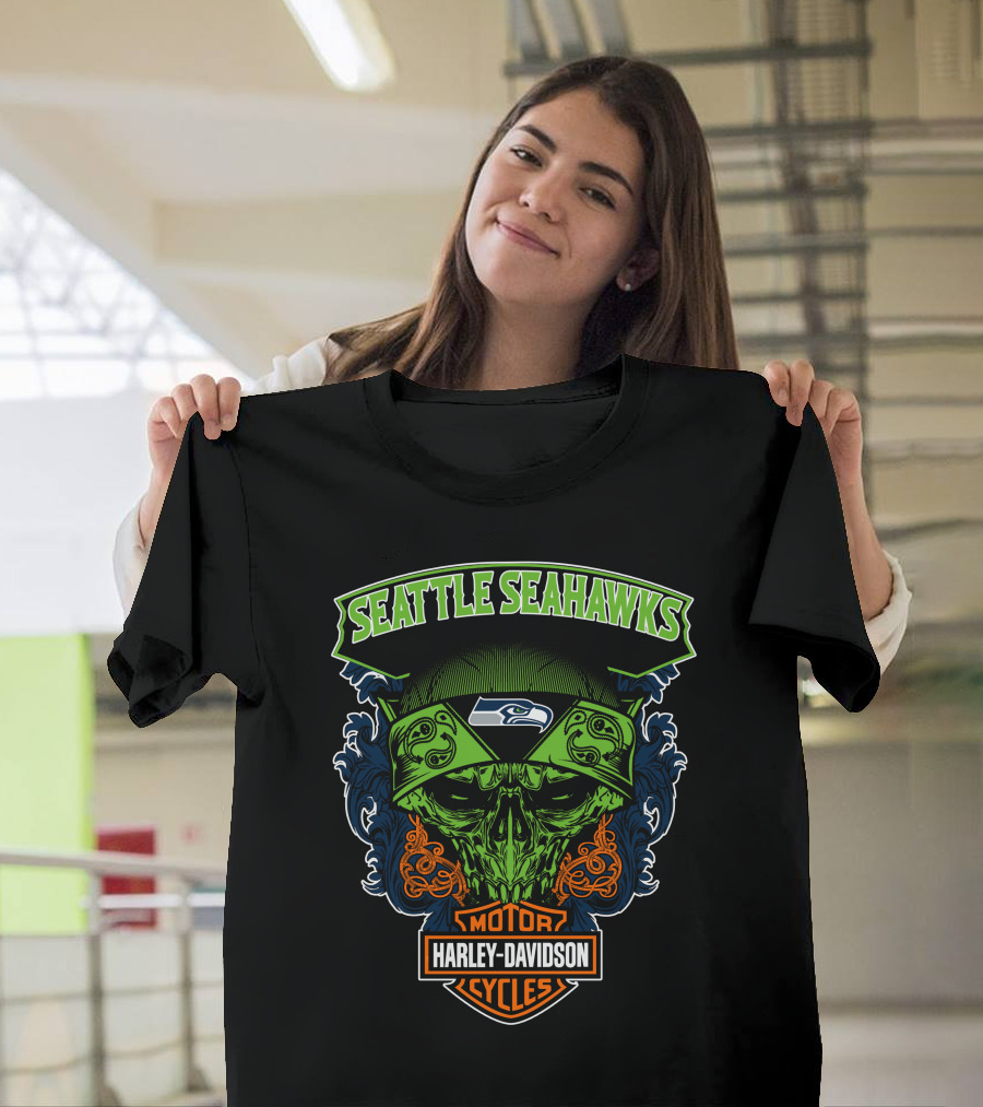 Seattle Seahawks Harley Davidson Skull Motor Cycles T-Shirt