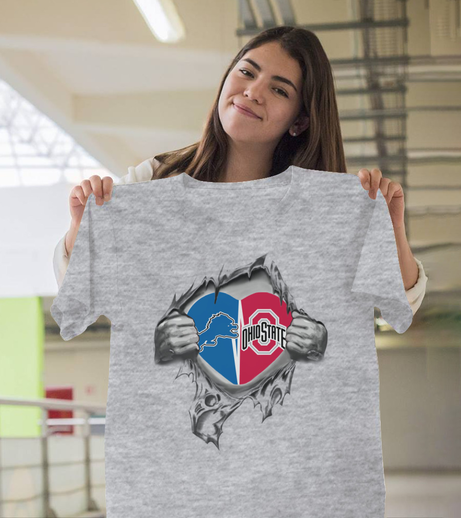 Detroit Lions Ohio State Buckeyes Heart Torn Gray T-Shirt