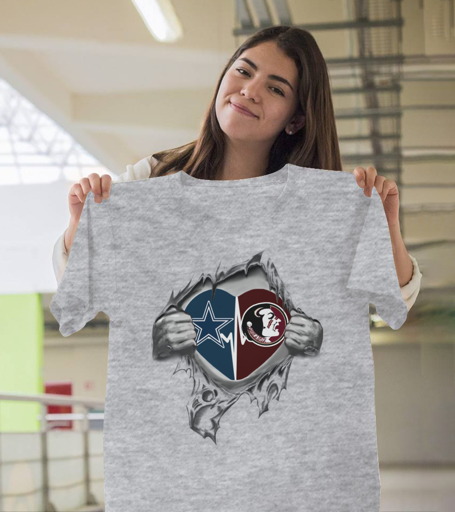 Cowboys Seminoles Heart Symbol With Team Logos Inside Ripped Hands T-Shirt