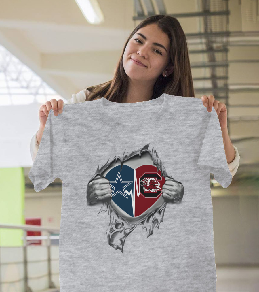 Cowboys Gamecocks Heart Design With Dallas Star And Gamecock Emblem T-Shirt